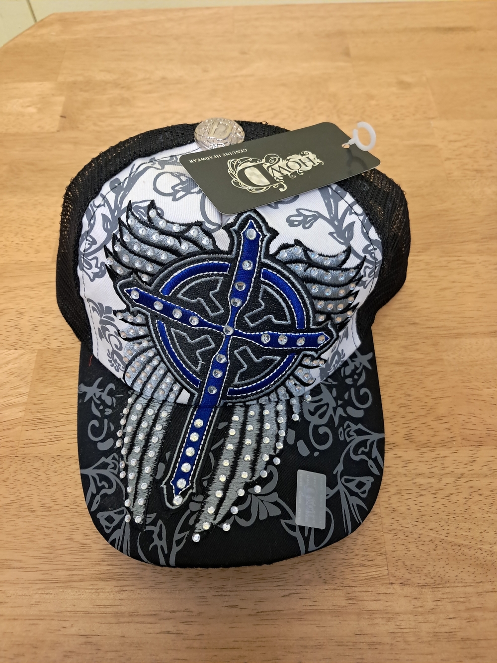 Howd Mesh Cross Wings Stone Ball Cap Trucker Hat NWT Black White Blue Bling